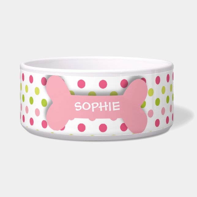 Personalized pink polkadots dog bone pet food bowl (Front)