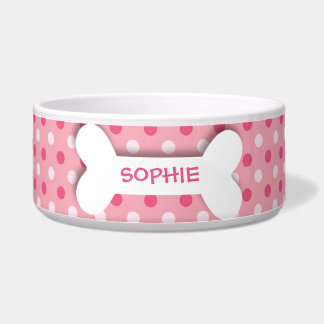 Personalized pink polkadots dog bone pet food bowl