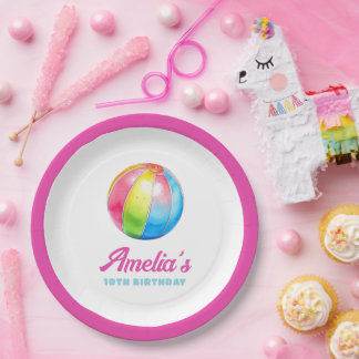Personalized Pink Pool Party Paper Plate
