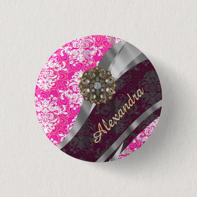 Personalized pink pretty girly damask pattern 1 inch round button (Front)