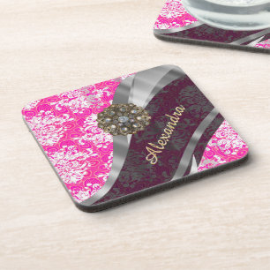 Personalized pink pretty girly damask pattern coaster