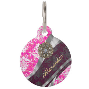 Personalized pink pretty girly damask pattern pet tag