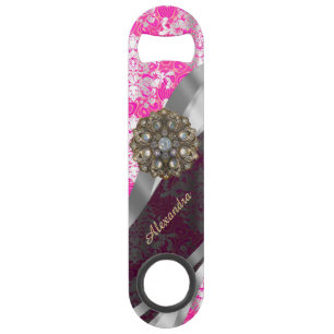 Personalized pink pretty girly damask pattern speed bottle opener