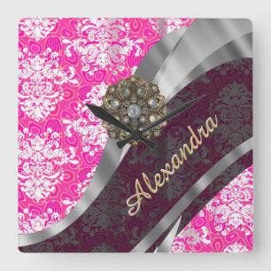 Personalized pink pretty girly damask pattern square wall clock