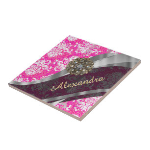 Personalized pink pretty girly damask pattern tile