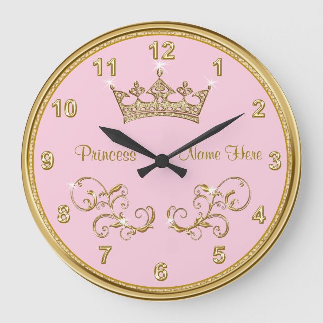 Personalized PINK Princess Clock with Gold Accents (Front)