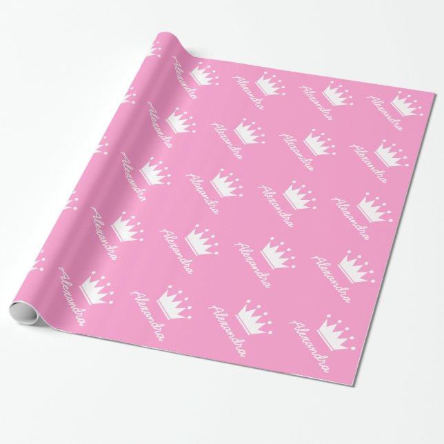 Personalized pink princess crown wrapping paper (Unrolled)
