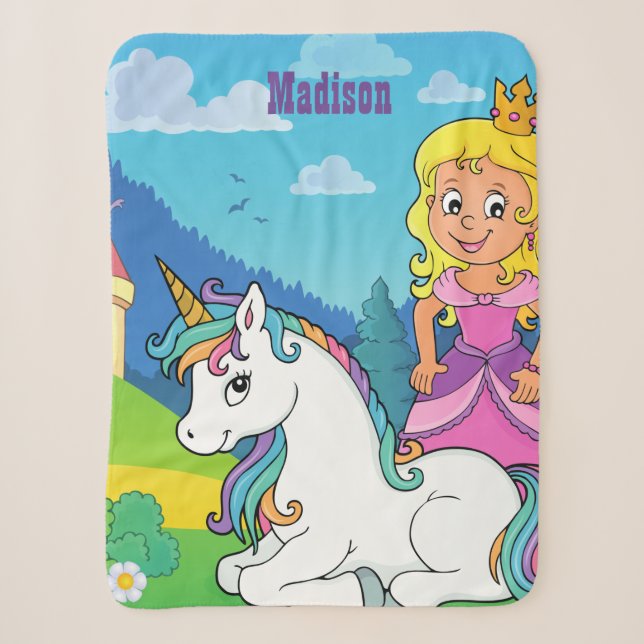 Personalized Pink Princess Unicorn Sherpa Blanket (Front)
