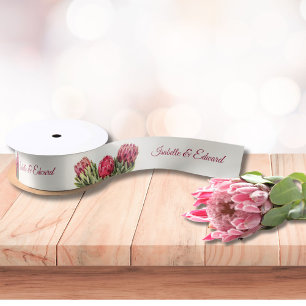 Personalized Pink Protea Floral Wedding Favour Sat Satin Ribbon