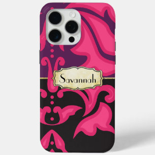 Personalized Pink Purple Black Damask Pattern iPhone 15 Pro Max Case