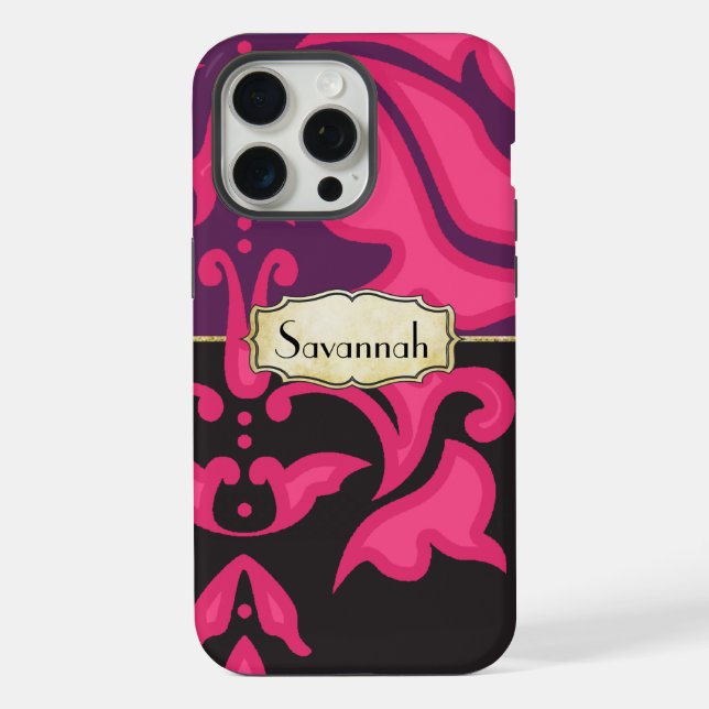 Personalized Pink Purple Black Damask Pattern iPhone Case (Back)