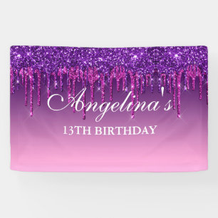 Personalized Pink Purple Dripping Glitter Birthday Banner