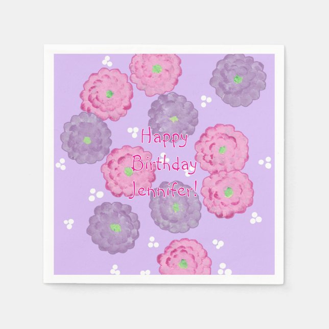 Personalized Pink Purple Floral Birthday Napkins (Front)