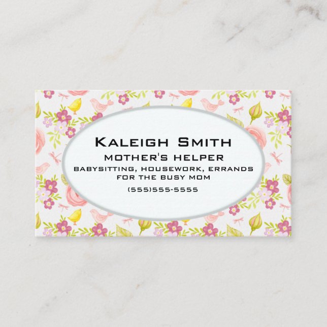 Personalized Pink Purple Floral  Mother's Helper Calling Card (Front)