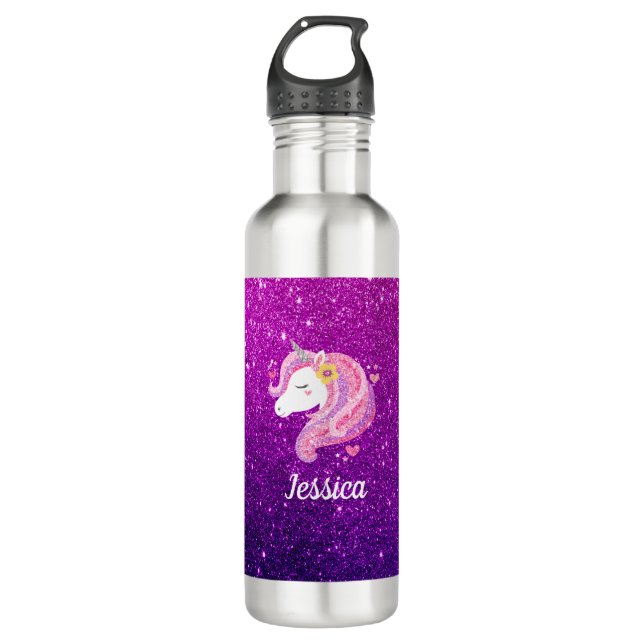 Personalized Pink Purple Glitter Unicorn Face 710 Ml Water Bottle (Front)