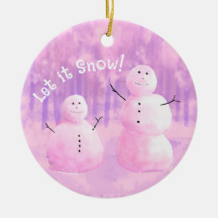Personalized Pink Purple Snowman Ceramic Ornament