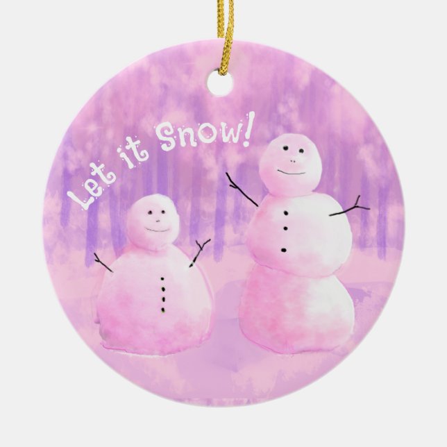 Personalized Pink Purple Snowman Ceramic Ornament (Front)