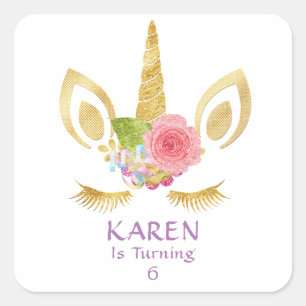 Personalized Pink & Purple Unicorn Birthday Square Sticker