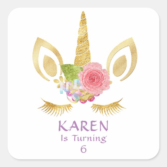 Personalized Pink & Purple Unicorn Birthday Square Sticker (Front)