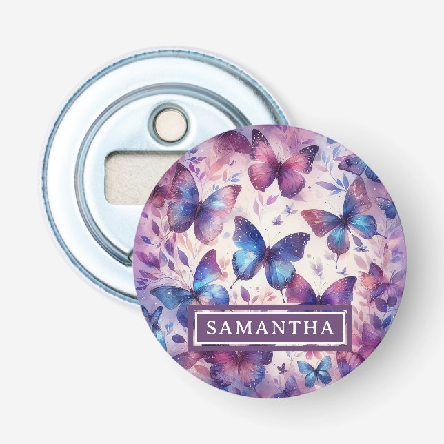 Personalized Pink Purple Watercolor Butterfly Bottle Opener (Front)