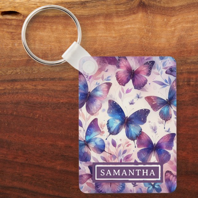 Personalized Pink Purple Watercolor Butterfly Keychain (Front)