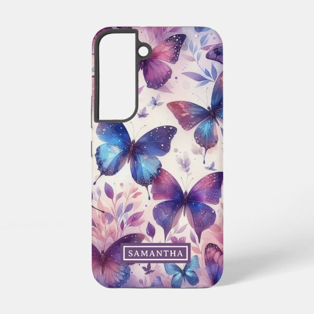 Personalized Pink Purple Watercolor Butterfly Samsung Galaxy S22 Case (Back)