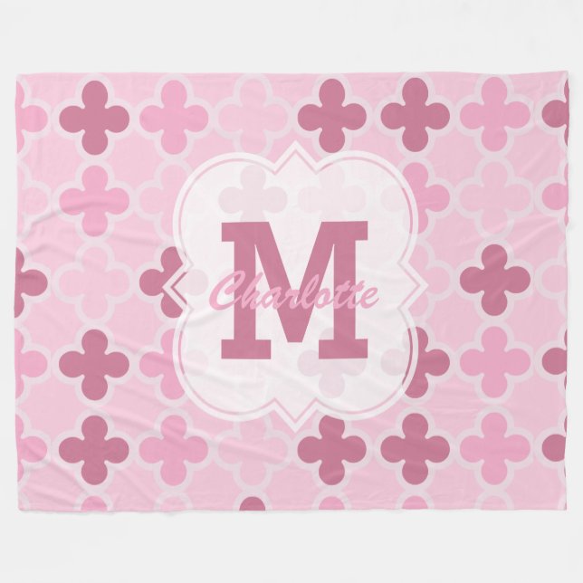 Personalized Pink Quatrefoil Pattern Fleece Blanket (Front (Horizontal))