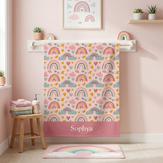 Personalized Pink Rainbow Kids Beach Towel (Creator Uploaded)
