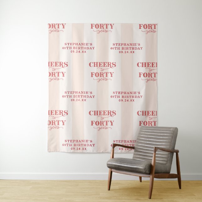 Personalized Pink Red 40th Birthday Backdrop Tapestry (In Situ)
