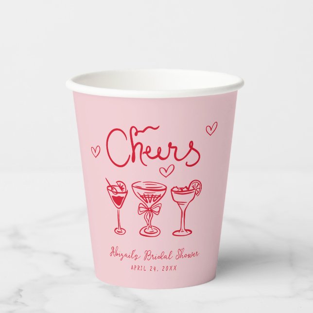 Personalized Pink Red Cheers Retro Bridal Shower Paper Cups (Front)