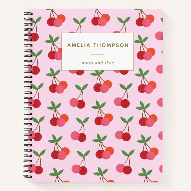 Personalized Pink Red Cherry Fruit Retro Pattern Notebook (Front)