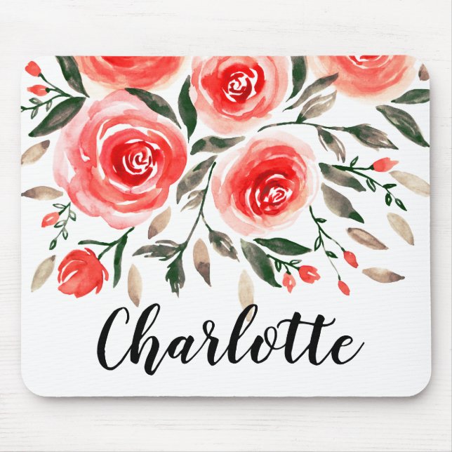 Personalized Pink Red Watercolor Roses Floral Mouse Pad (Front)