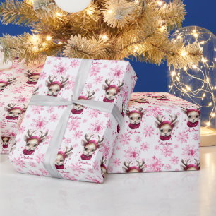 Personalized Pink Reindeer and Snowflake Pattern Wrapping Paper