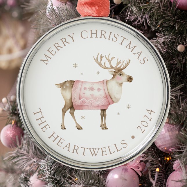 Personalized Pink Reindeer Merry Christmas Metal Ornament (Creator Uploaded)