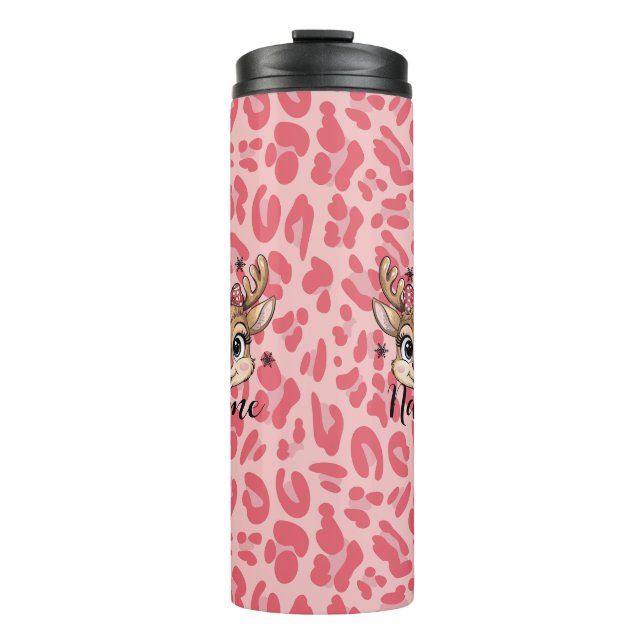 Personalized pink reindeer thermal tumbler (Front)