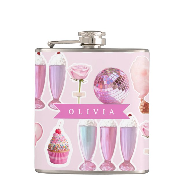 Personalized Pink Retro Milkshake Cute Coquette Hip Flask (Front)