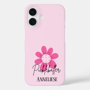 Personalized Pink Retro Pickleball Flower iPhone 16 Case