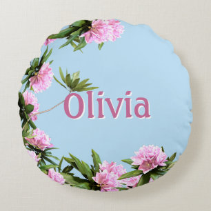 Personalized Pink Rhododendron Floral Name Round Pillow