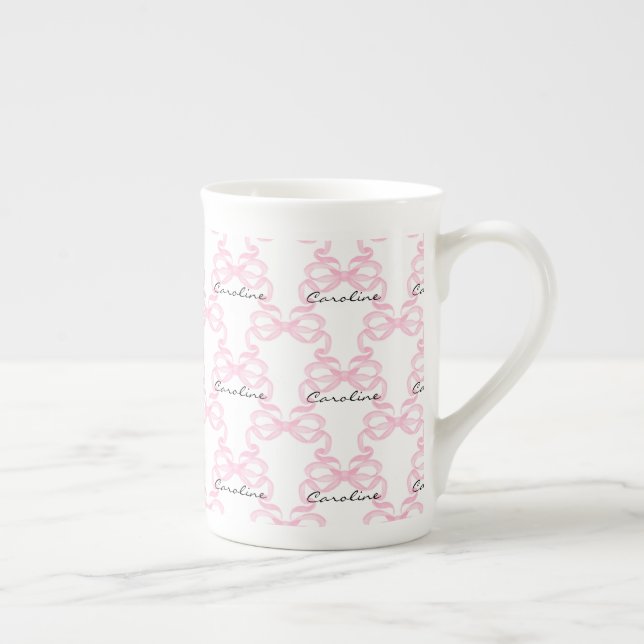 Personalized Pink Ribbon Bow Bone China Mug (Right)