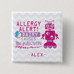 Personalized Pink Robot Dairy Allergy Alert Pin