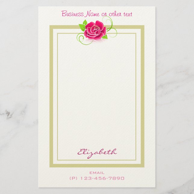 Personalized Pink Rose Business Stationery (Front)