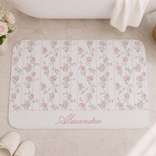Personalized Pink Rose Floral Bath Mat (pretty pink coquette grandmillennial floral bath mat with custom monogram name in calligraphy script)
