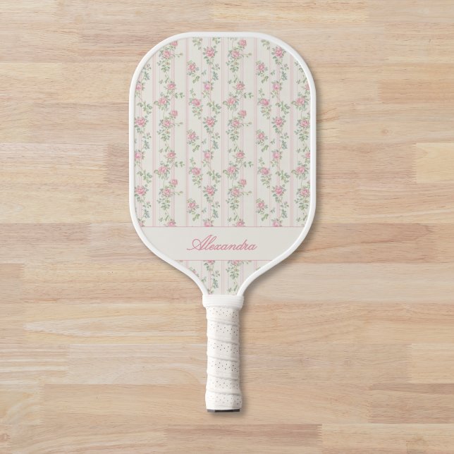 Personalized Pink Rose Floral  Pickleball Paddle (elegant grandmillennial pink coquette floral rose pickleball paddle with custom monogram name)