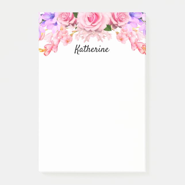 Personalized Pink Rose Floral Post-It Notes (Front)