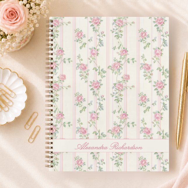 Personalized Pink Rose Floral Spiral Notebook (elegant pink coquette grandmillennial floral rose notebook with custom calligraphy script monogram)
