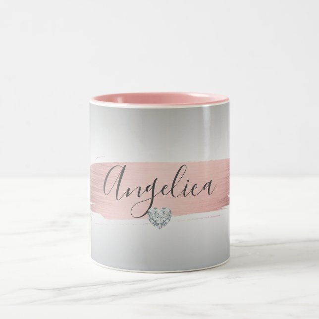 Personalized Pink Rose Gold Foil Grey Heart Name Two-Tone Coffee Mug (Center)