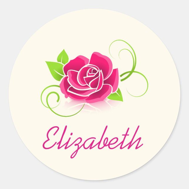 Personalized Pink Rose Illustration Classic Round Sticker (Front)