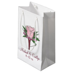Personalized Pink Rose Wedding Flower Boutonniere Small Gift Bag