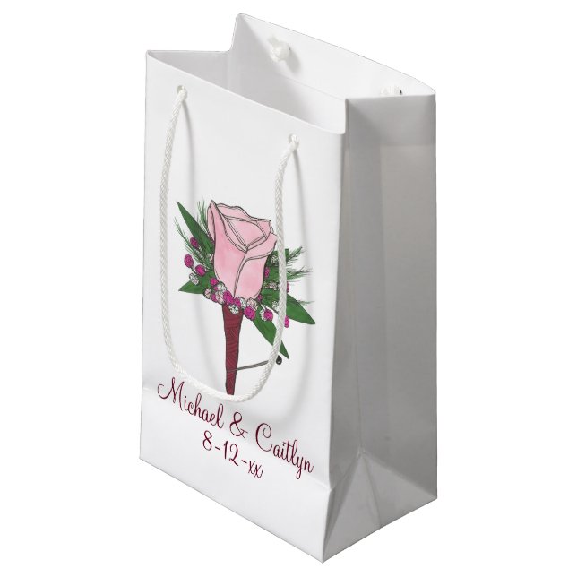 Personalized Pink Rose Wedding Flower Boutonniere Small Gift Bag (Front Angled)