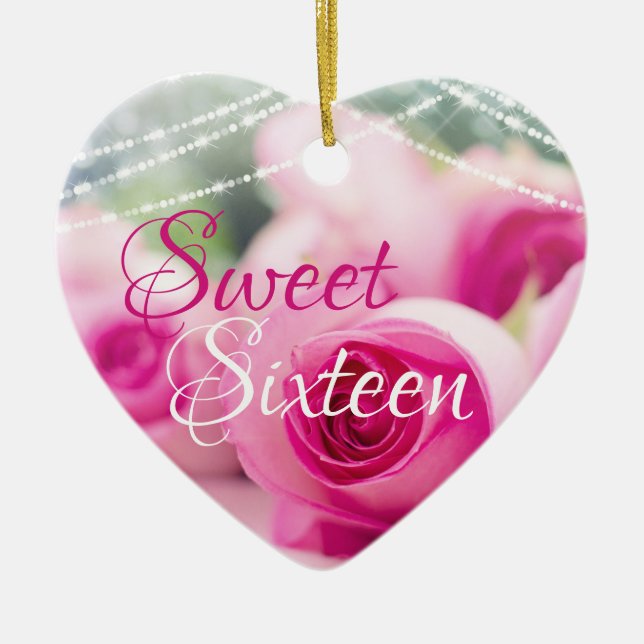 Personalized Pink Roses and Lights Sweet Sixteen Ceramic Ornament (Front)